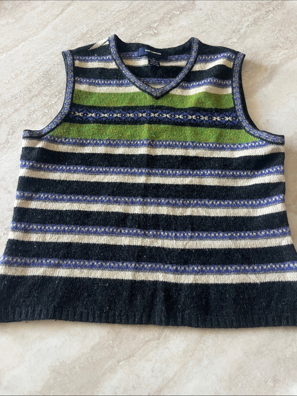 Striped V-Neck Knit Vest in Black, White, Blue & Green